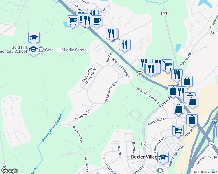 map of restaurants, bars, coffee shops, grocery stores, and more near 4104 Birkshire Heights in Fort Mill