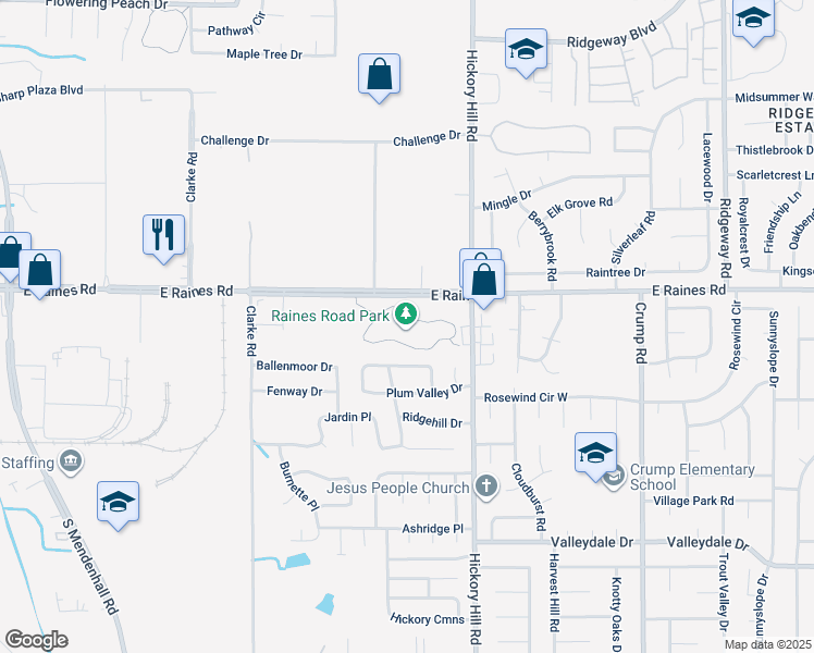 map of restaurants, bars, coffee shops, grocery stores, and more near 4199 Hickory Hill Road in Memphis