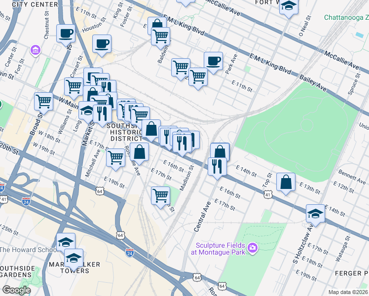 map of restaurants, bars, coffee shops, grocery stores, and more near 1410 Park Avenue in Chattanooga