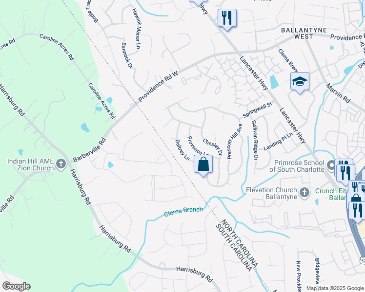 map of restaurants, bars, coffee shops, grocery stores, and more near 13817 Daltrey Lane in Charlotte