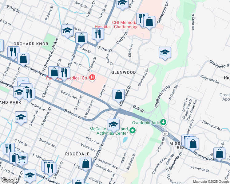 map of restaurants, bars, coffee shops, grocery stores, and more near 2502 Vine Street in Chattanooga