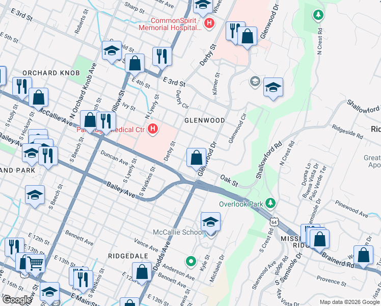 map of restaurants, bars, coffee shops, grocery stores, and more near 2502 Vine Street in Chattanooga