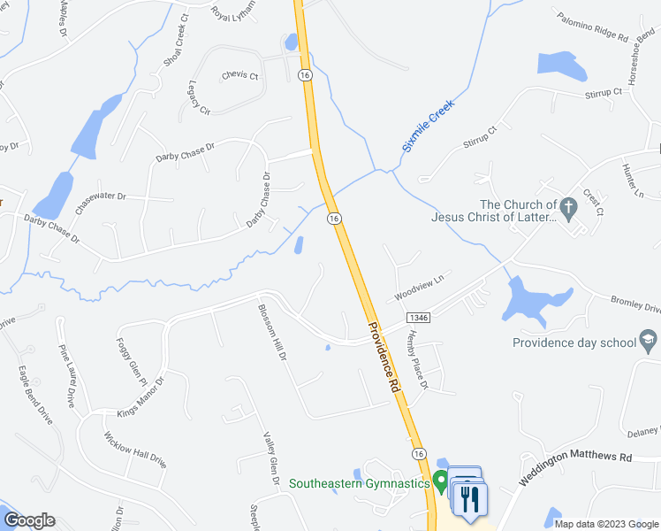 map of restaurants, bars, coffee shops, grocery stores, and more near 3030 Ashford Glen Drive in Matthews