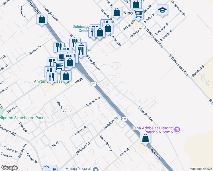 map of restaurants, bars, coffee shops, grocery stores, and more near 23 South Oakglen Avenue in Nipomo
