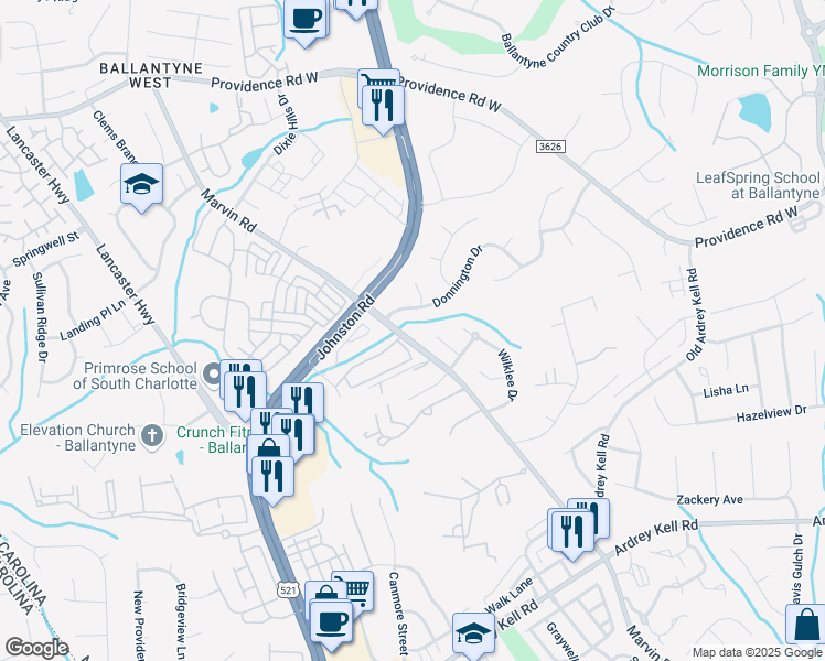 map of restaurants, bars, coffee shops, grocery stores, and more near 16017 Marvin Road in Charlotte