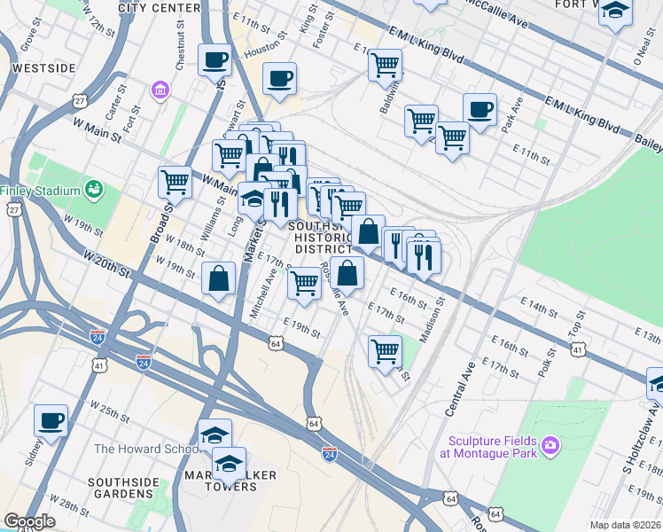 map of restaurants, bars, coffee shops, grocery stores, and more near 1518 Rossville Avenue in Chattanooga