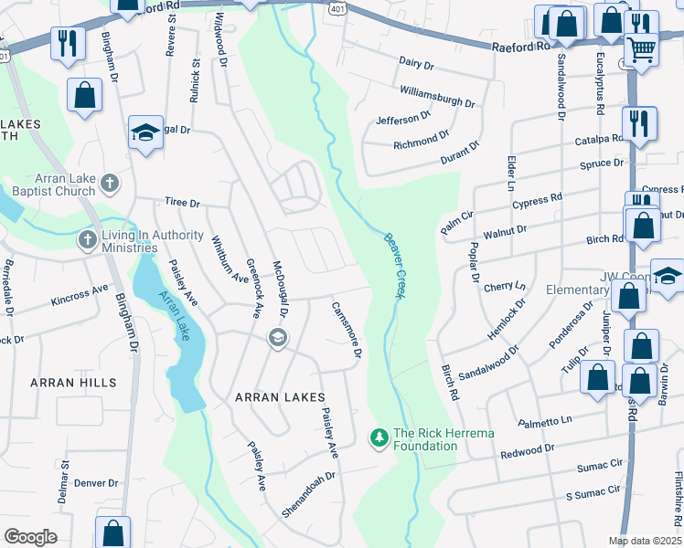 map of restaurants, bars, coffee shops, grocery stores, and more near 1439 Tangora Lane in Fayetteville