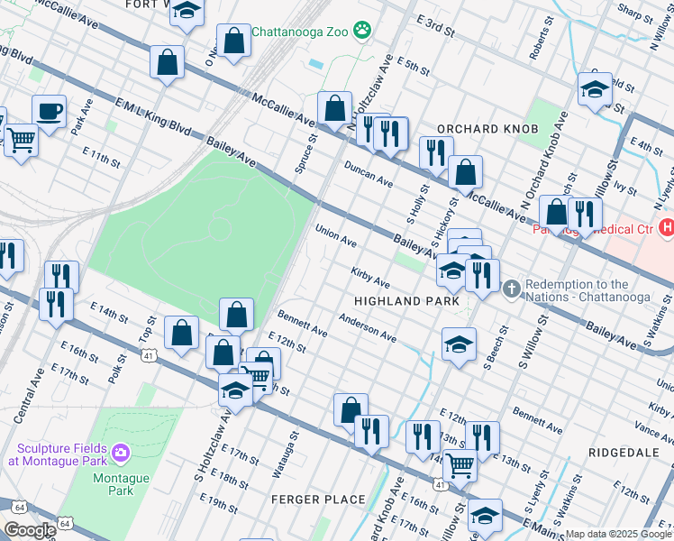 map of restaurants, bars, coffee shops, grocery stores, and more near 795 South Greenwood Avenue in Chattanooga