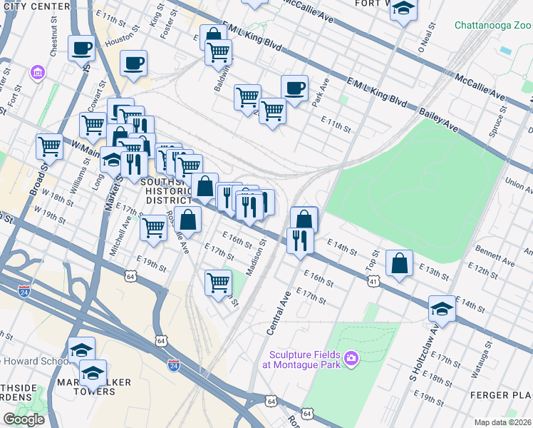 map of restaurants, bars, coffee shops, grocery stores, and more near 1410 Park Avenue in Chattanooga