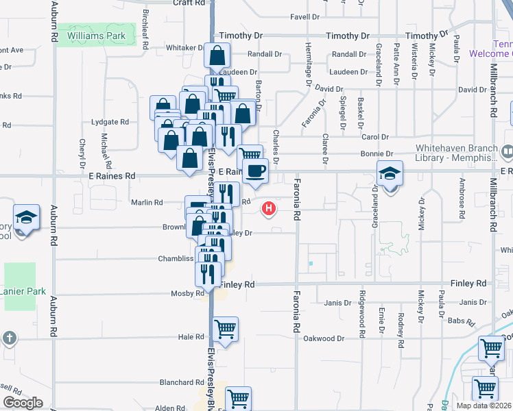 map of restaurants, bars, coffee shops, grocery stores, and more near 1245 Marlin Road in Memphis