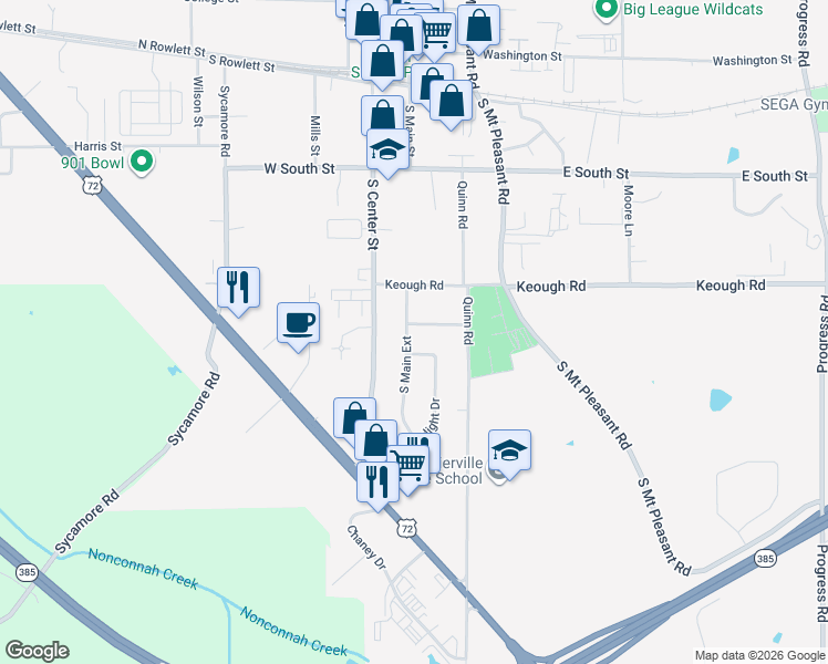 map of restaurants, bars, coffee shops, grocery stores, and more near 143 Cannon Avenue in Collierville