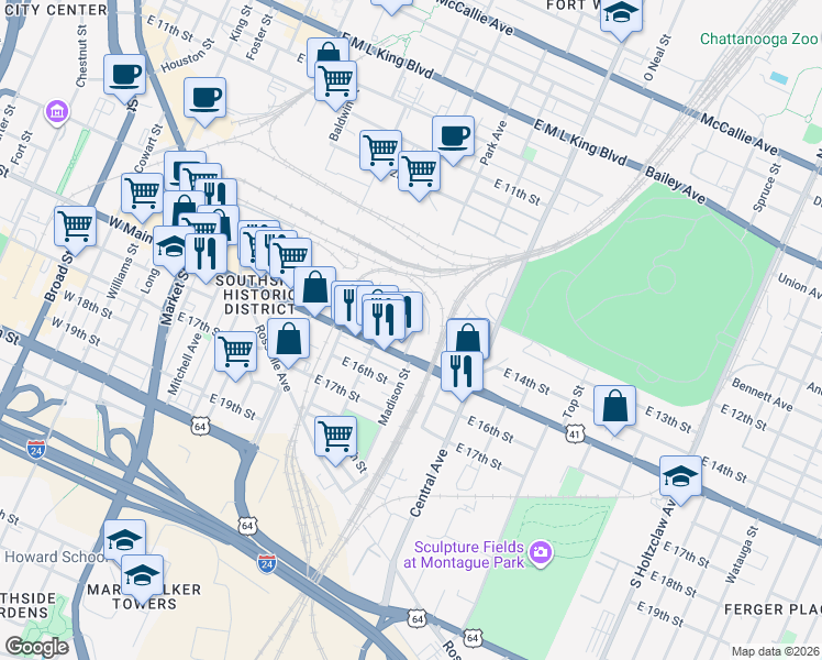 map of restaurants, bars, coffee shops, grocery stores, and more near 1410 Park Avenue in Chattanooga