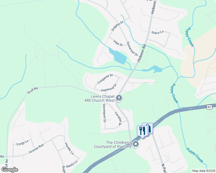 map of restaurants, bars, coffee shops, grocery stores, and more near 116 Haywood Drive in Raeford