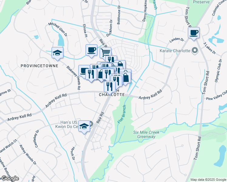 map of restaurants, bars, coffee shops, grocery stores, and more near 9923 Rea Road in Charlotte