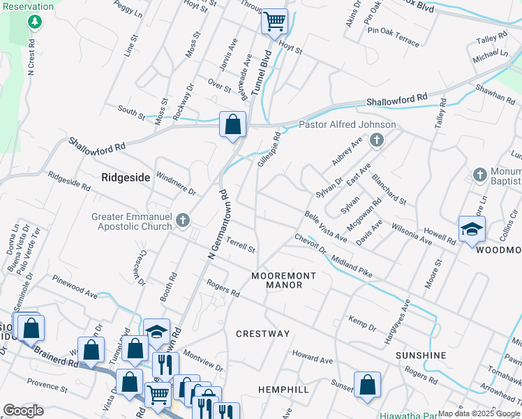 map of restaurants, bars, coffee shops, grocery stores, and more near 710 Gillespie Road in Chattanooga