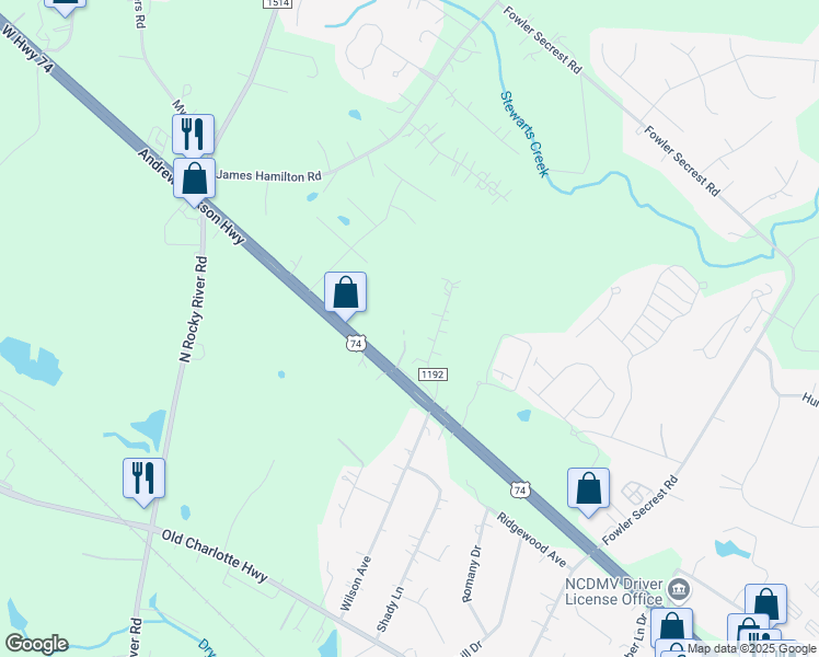 map of restaurants, bars, coffee shops, grocery stores, and more near 2598 Woodbrook Lane in Monroe