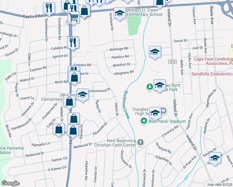 map of restaurants, bars, coffee shops, grocery stores, and more near 900 Odom Drive in Fayetteville
