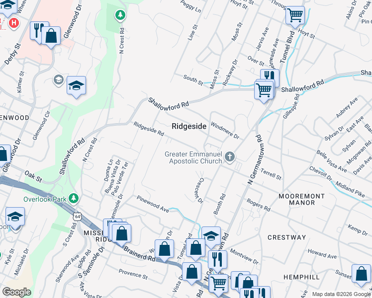 map of restaurants, bars, coffee shops, grocery stores, and more near 122 Ridgeside Road in Chattanooga