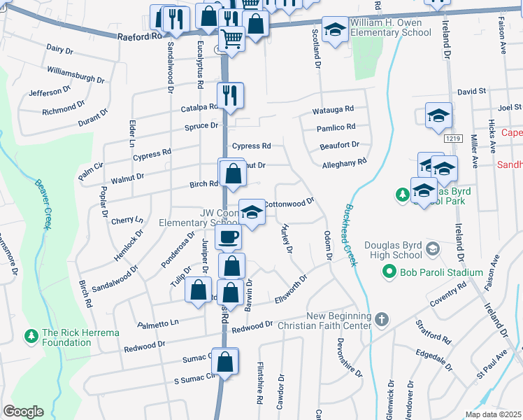 map of restaurants, bars, coffee shops, grocery stores, and more near 4909 Cottonwood Drive in Fayetteville