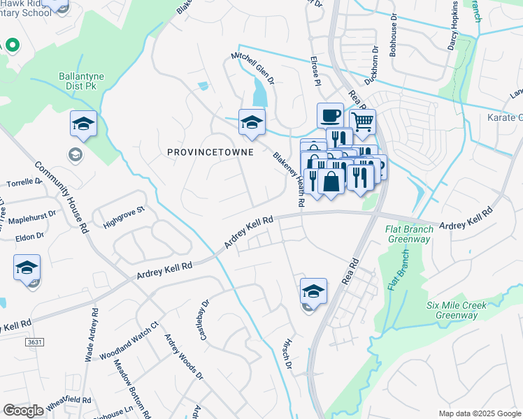 map of restaurants, bars, coffee shops, grocery stores, and more near 8732 Fieldcroft Drive in Charlotte