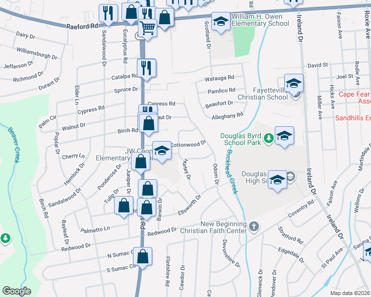 map of restaurants, bars, coffee shops, grocery stores, and more near 4821 Cottonwood Drive in Fayetteville