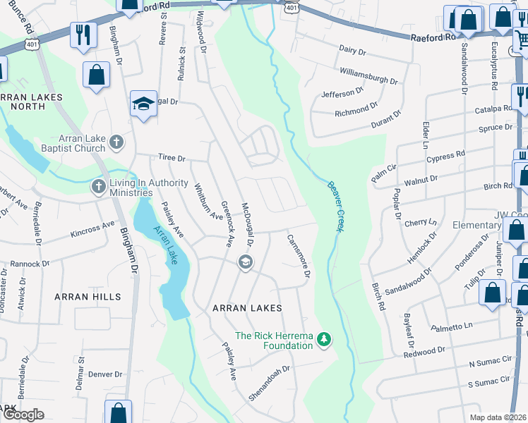 map of restaurants, bars, coffee shops, grocery stores, and more near 5750 Aftonshire Drive in Fayetteville