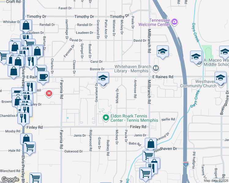 map of restaurants, bars, coffee shops, grocery stores, and more near 4207 Mickey Drive in Memphis