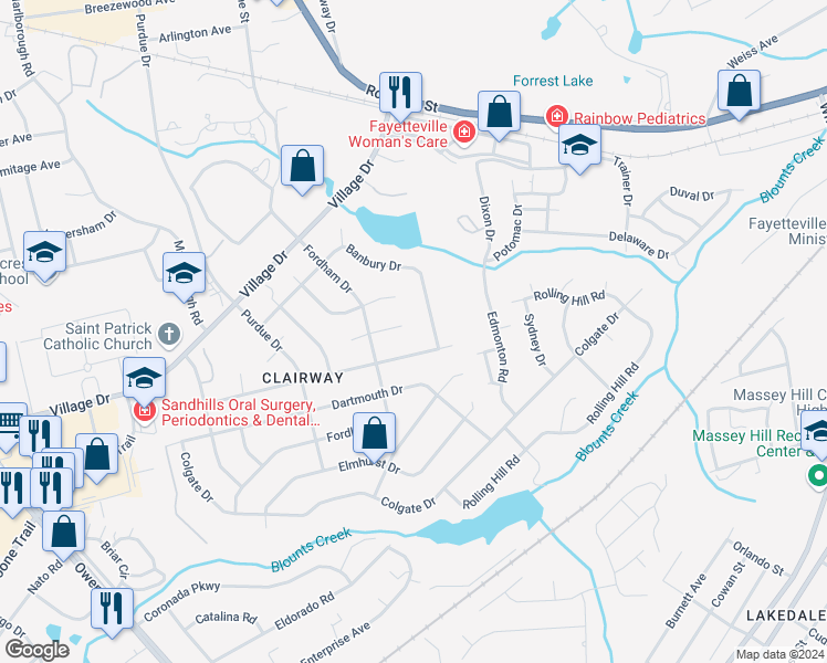 map of restaurants, bars, coffee shops, grocery stores, and more near 1714 Yonkers Court in Fayetteville