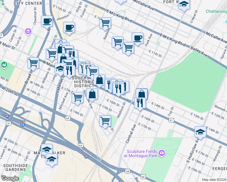 map of restaurants, bars, coffee shops, grocery stores, and more near 1427 Jefferson St in Chattanooga