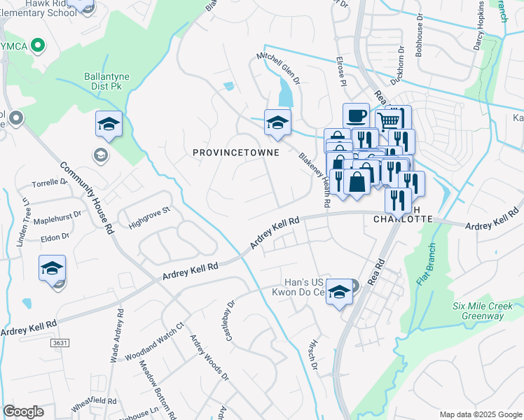 map of restaurants, bars, coffee shops, grocery stores, and more near 8703 Fieldcroft Drive in Charlotte