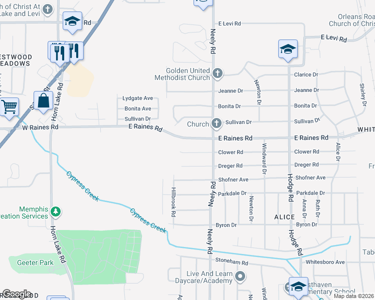 map of restaurants, bars, coffee shops, grocery stores, and more near 166 Clower Road in Memphis