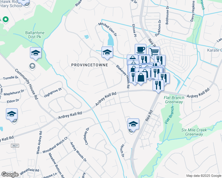 map of restaurants, bars, coffee shops, grocery stores, and more near 8732 Fieldcroft Drive in Charlotte