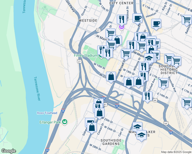 map of restaurants, bars, coffee shops, grocery stores, and more near 2102 Fort Street in Chattanooga