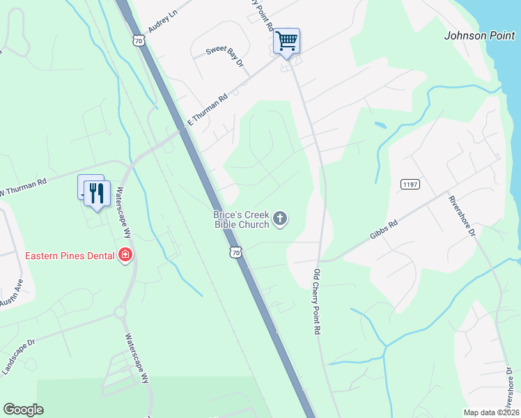 map of restaurants, bars, coffee shops, grocery stores, and more near 4024 U.S. 70 in New Bern