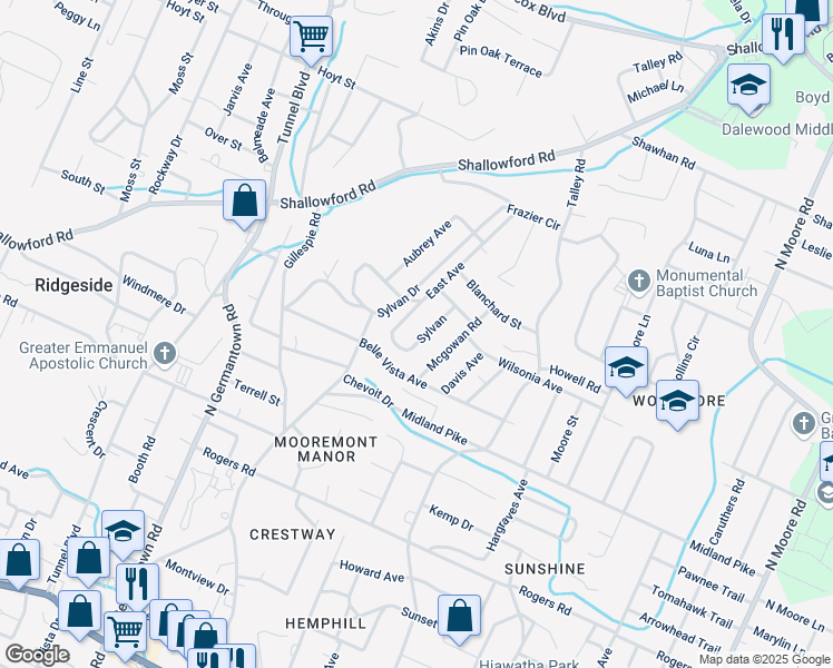 map of restaurants, bars, coffee shops, grocery stores, and more near 721 Sylvan Drive in Chattanooga