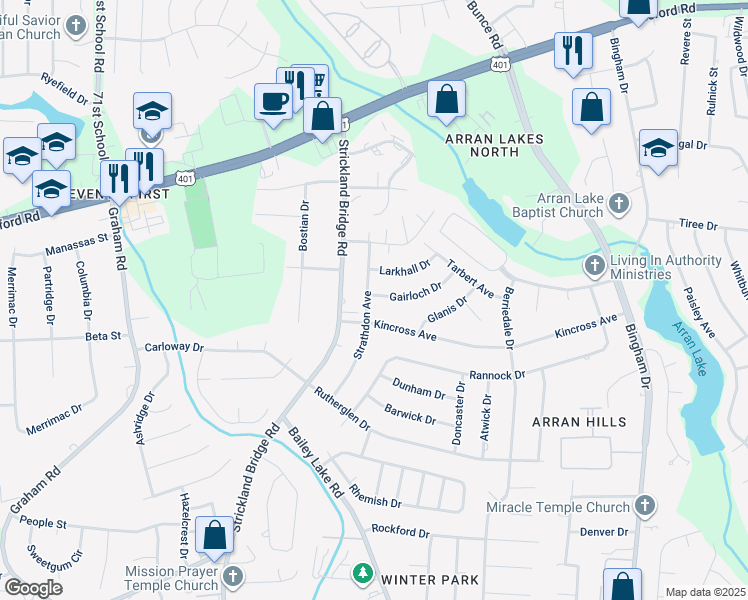 map of restaurants, bars, coffee shops, grocery stores, and more near 1093 Strathdon Avenue in Fayetteville