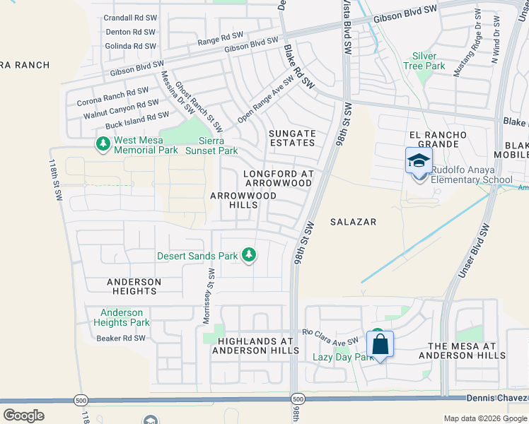 map of restaurants, bars, coffee shops, grocery stores, and more near 9919 Tintara Avenue Southwest in Albuquerque