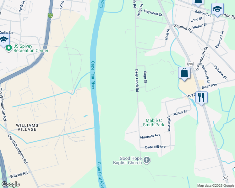 map of restaurants, bars, coffee shops, grocery stores, and more near 808 Deep Creek Road in Fayetteville