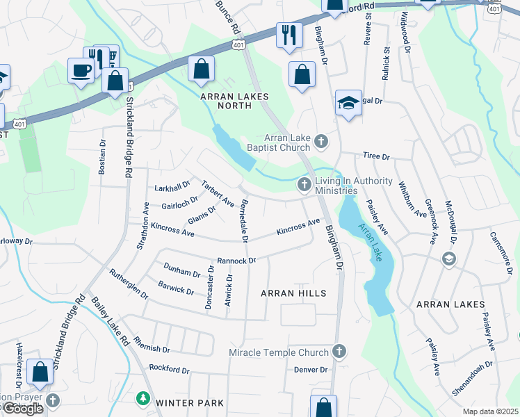 map of restaurants, bars, coffee shops, grocery stores, and more near 1431 Berriedale Drive in Fayetteville