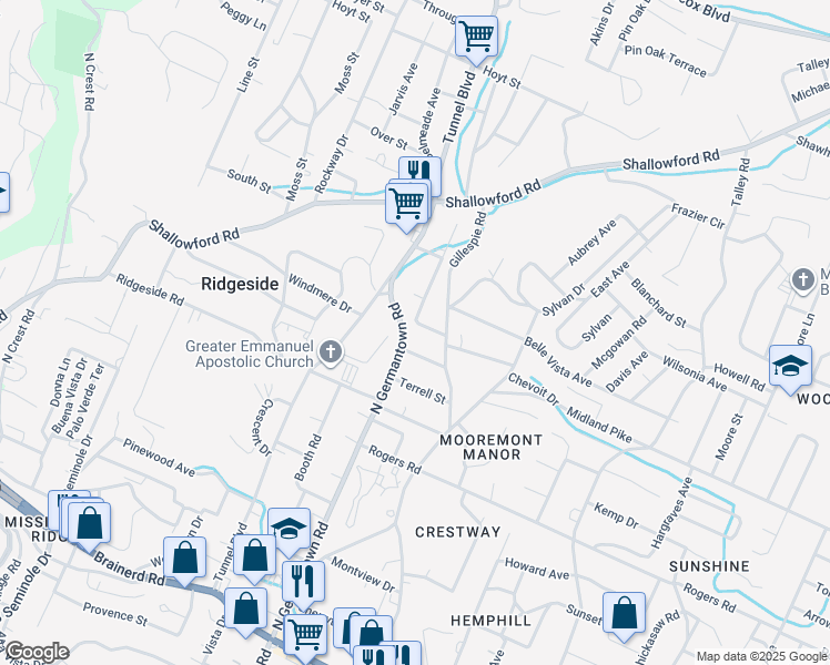 map of restaurants, bars, coffee shops, grocery stores, and more near 504 Shannon Avenue in Chattanooga