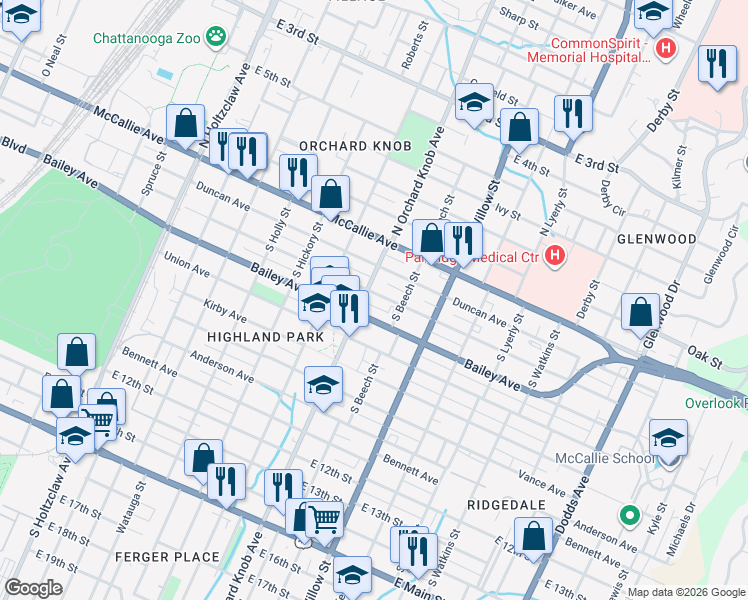 map of restaurants, bars, coffee shops, grocery stores, and more near 1904 Chamberlain Avenue in Chattanooga