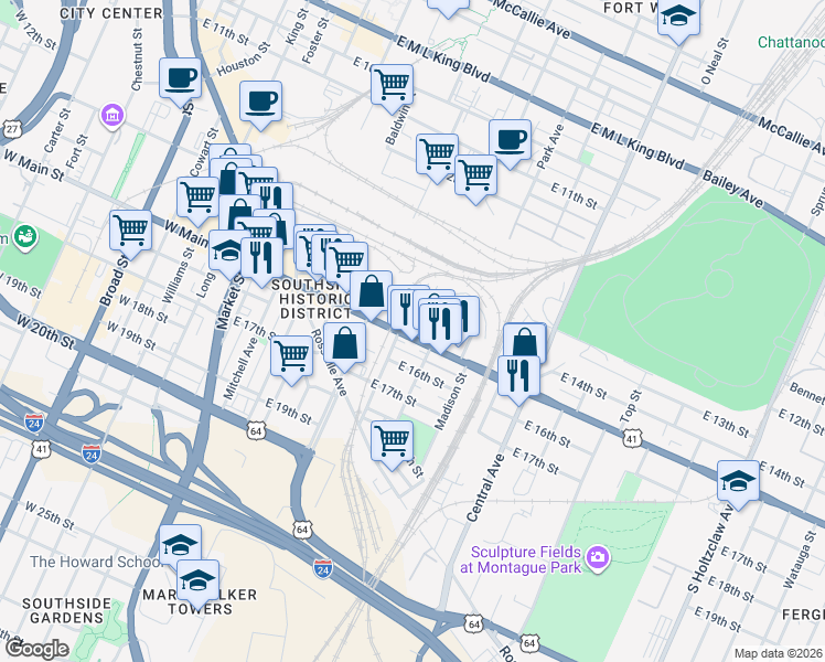 map of restaurants, bars, coffee shops, grocery stores, and more near 1427 Jefferson Street in Chattanooga