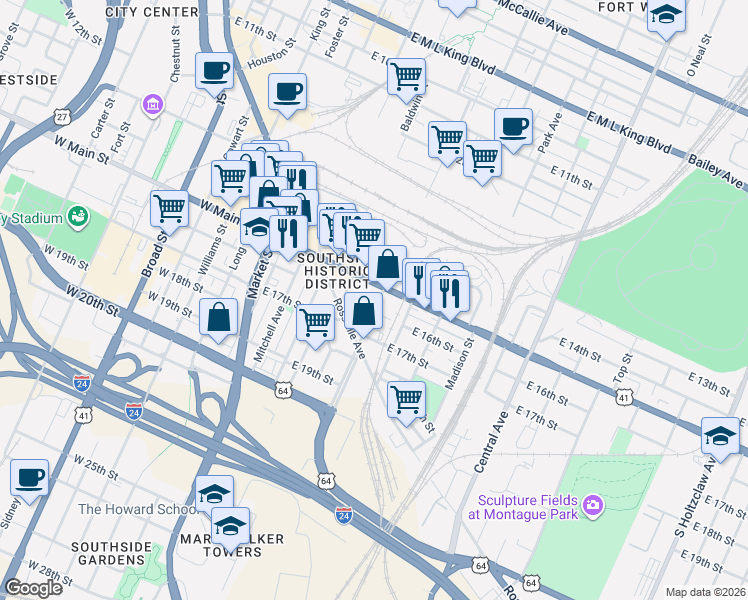 map of restaurants, bars, coffee shops, grocery stores, and more near 1518 Rossville Avenue in Chattanooga