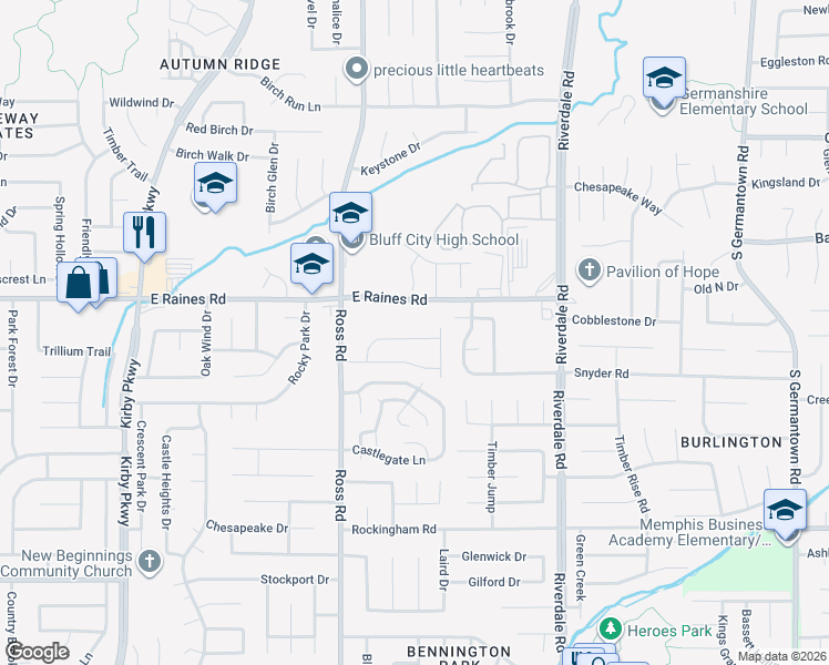 map of restaurants, bars, coffee shops, grocery stores, and more near 4119 Tunbridge Place in Memphis