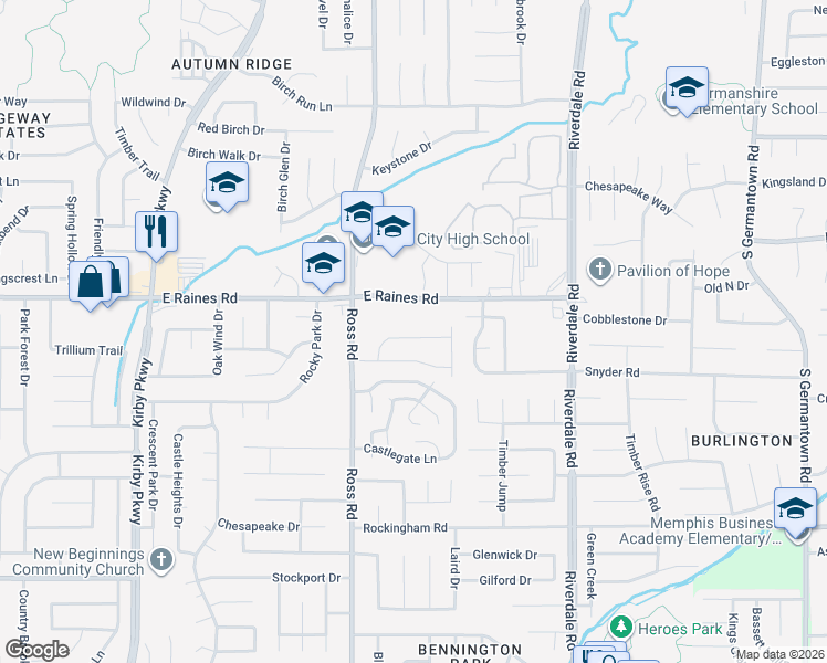 map of restaurants, bars, coffee shops, grocery stores, and more near 4175 Tunbridge Place in Memphis