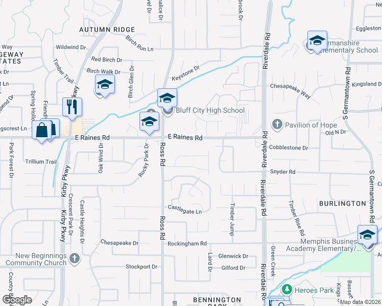 map of restaurants, bars, coffee shops, grocery stores, and more near 4175 Tunbridge Place in Memphis
