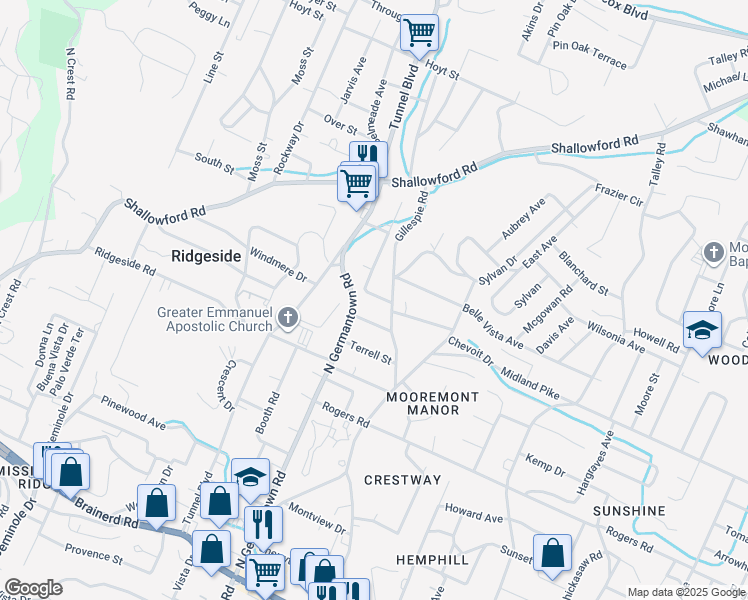 map of restaurants, bars, coffee shops, grocery stores, and more near 504 Shannon Avenue in Chattanooga