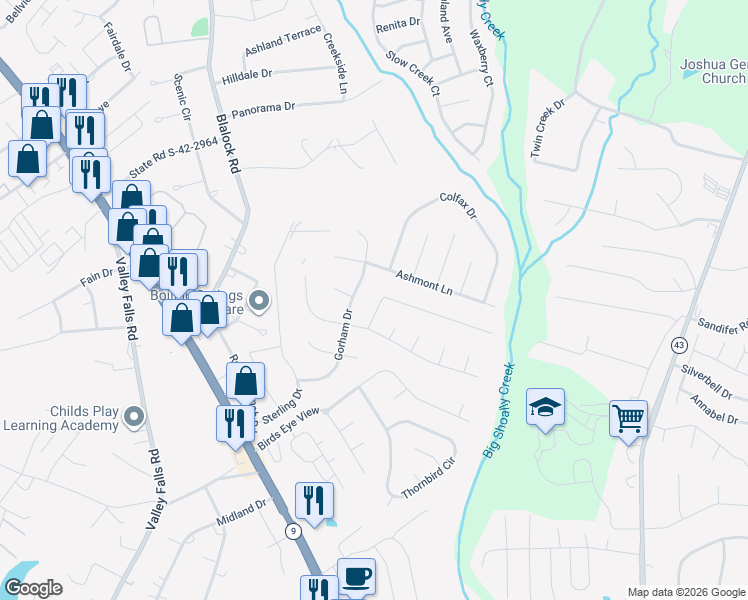 map of restaurants, bars, coffee shops, grocery stores, and more near 325 Rhapsody Lane in Boiling Springs