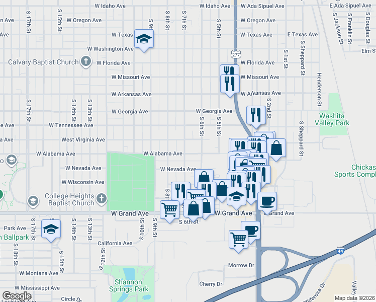 map of restaurants, bars, coffee shops, grocery stores, and more near 1627 South 7th Street in Chickasha