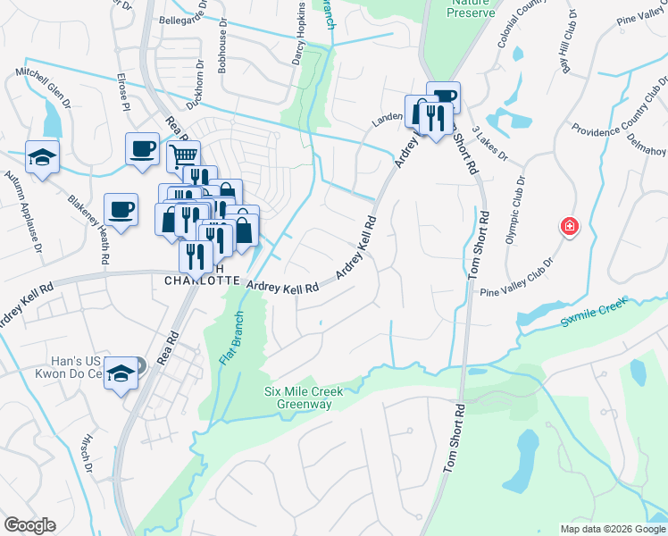 map of restaurants, bars, coffee shops, grocery stores, and more near 6838 Oldecastle Court in Charlotte
